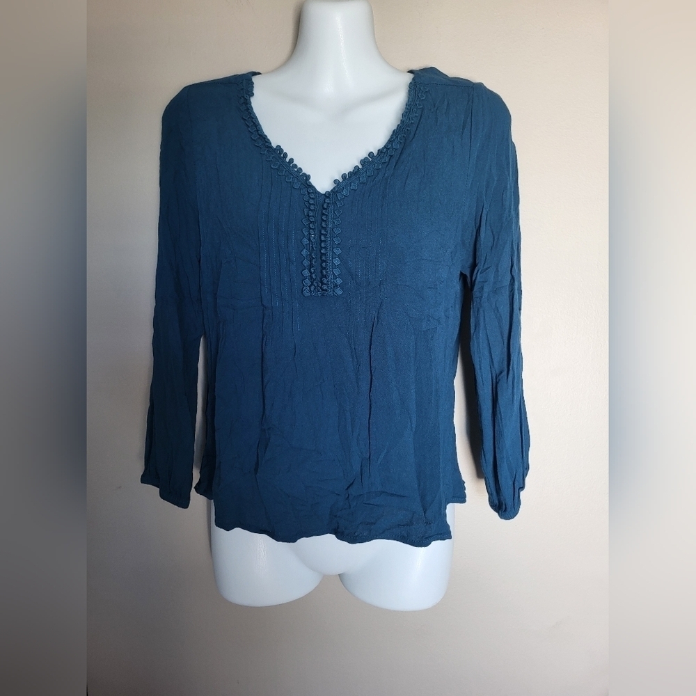 Chic Teal V-Neck Blouse, Size Petit Small